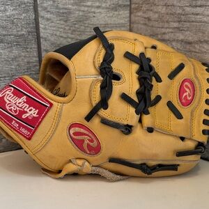 Rawlings Tan and Black Baseball Glove with Red Logos